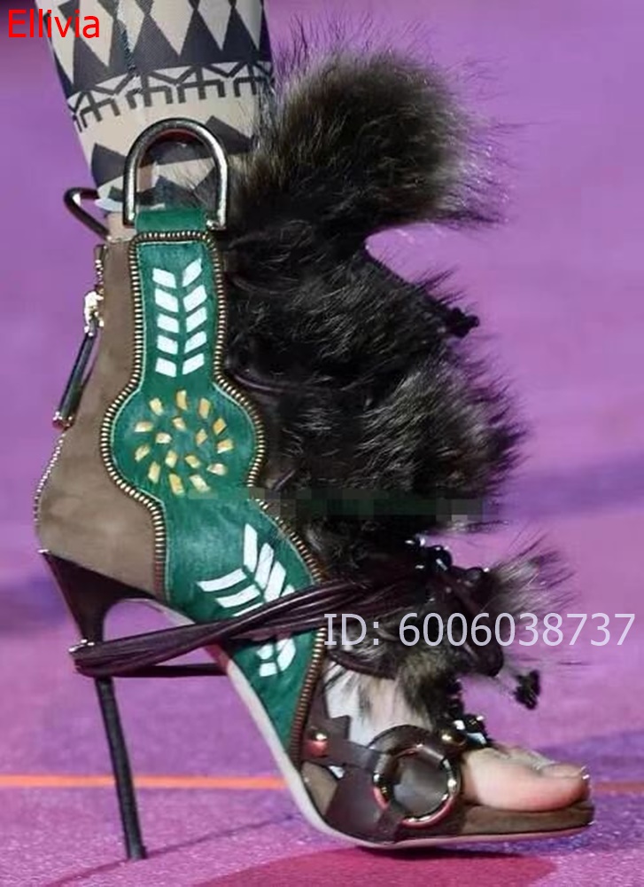 Embroidery Shoes - Women Fur Ankle Sandal Boots Embroidery