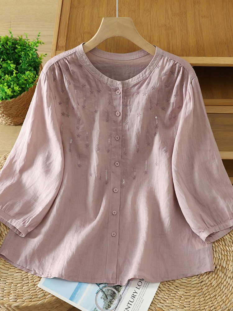 Embroidery Artist - Retro Glitter Embroidery Linen Shirt Women